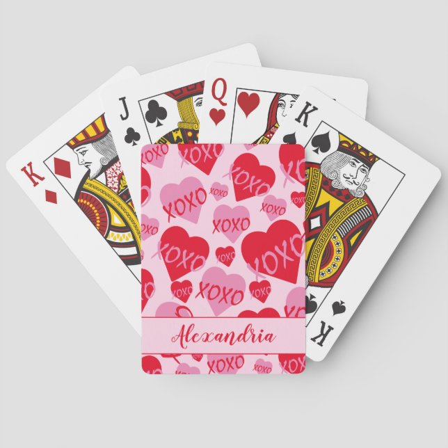 XOXO Valentine Pink Red Heart Pattern Pink Playing Cards (Back)