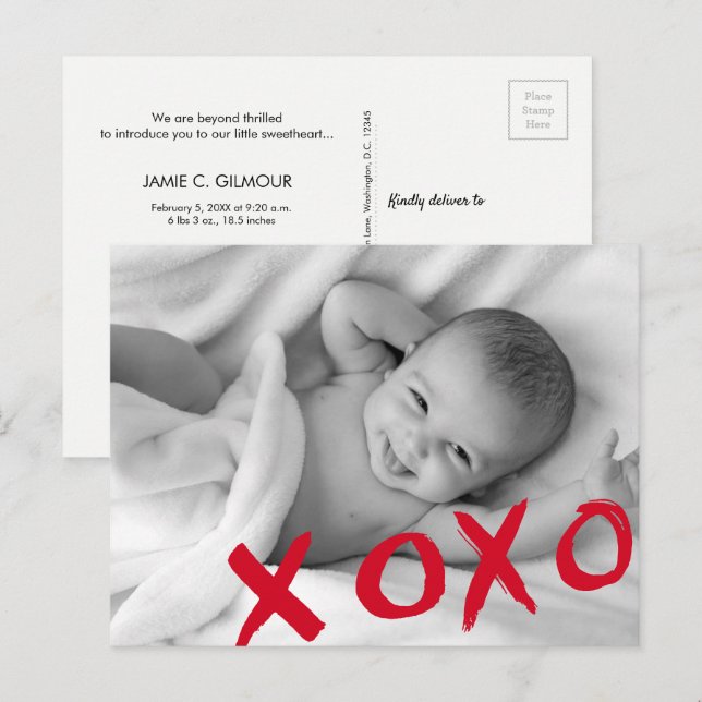 XOXO Valentine's Birth Announcement baby photo Postcard (Front/Back)