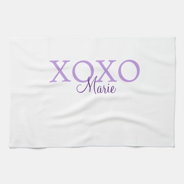Xoxo valentine's day add name purple pastel minima tea towel (Horizontal)