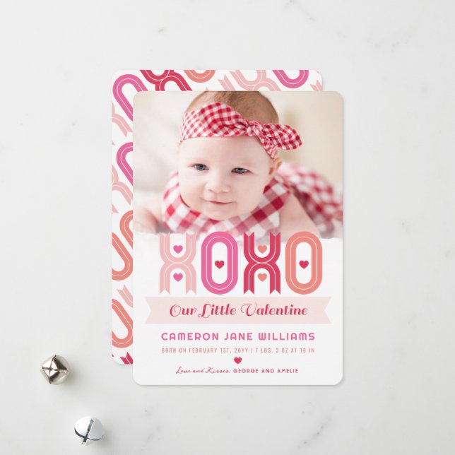 XOXO Valentine's Day Photo Girl Birth Announcement (Front/Back In Situ)