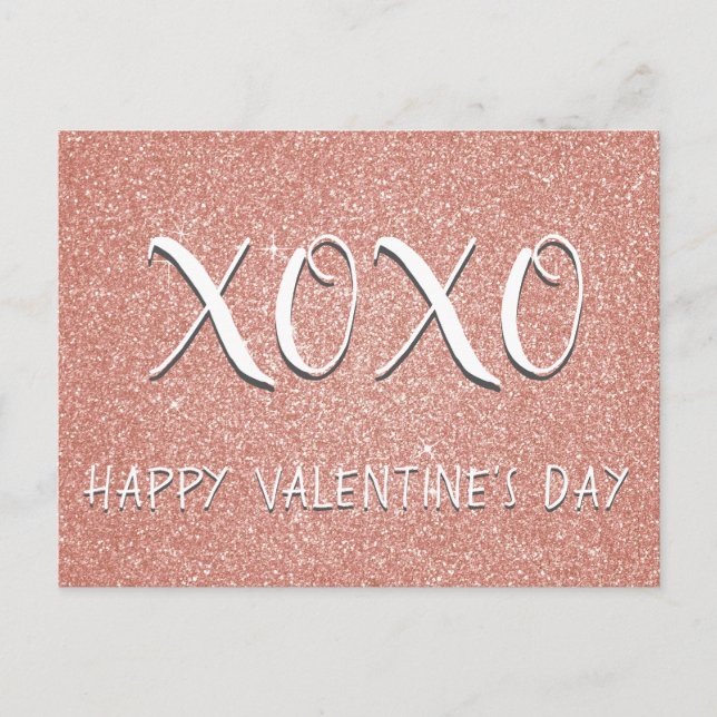XOXO Valentine's Day Pink Rose Gold Sparkle Holiday Postcard (Front)