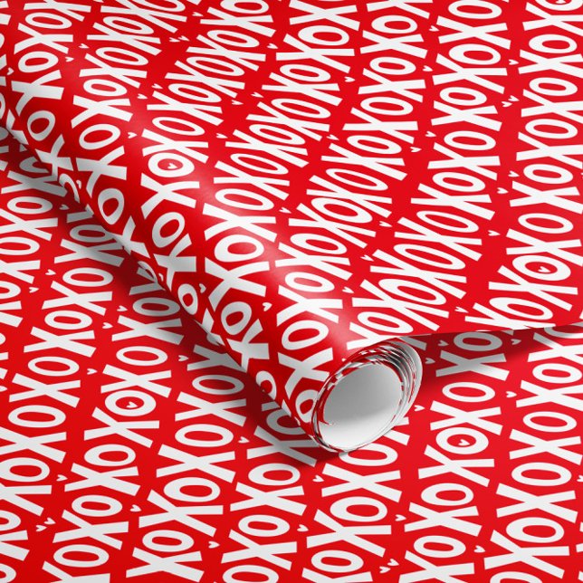 XOXO Valentine's Day Wrapping Paper (red and white XOXO patterned Valentine's Day gift wrap roll with tiny heart detail)
