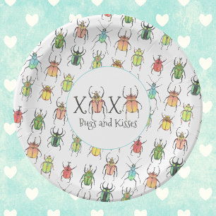 XOXO Valentine's Pink Bugs and Kisses Lovebugs Paper Plate