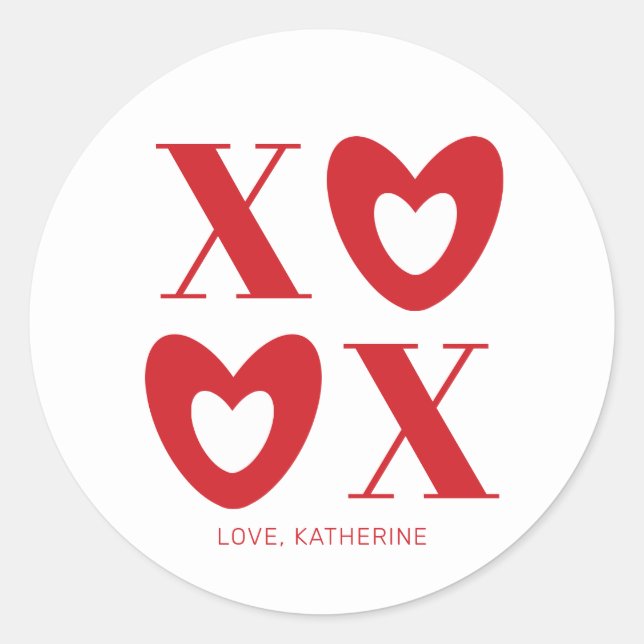 XOXO white red hearts typography modern custom Classic Round Sticker (Front)
