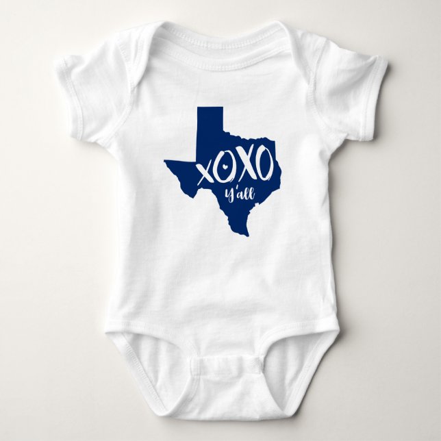 XOXO, Y'all - State Flag Blue Texas State Shape Baby Bodysuit (Front)