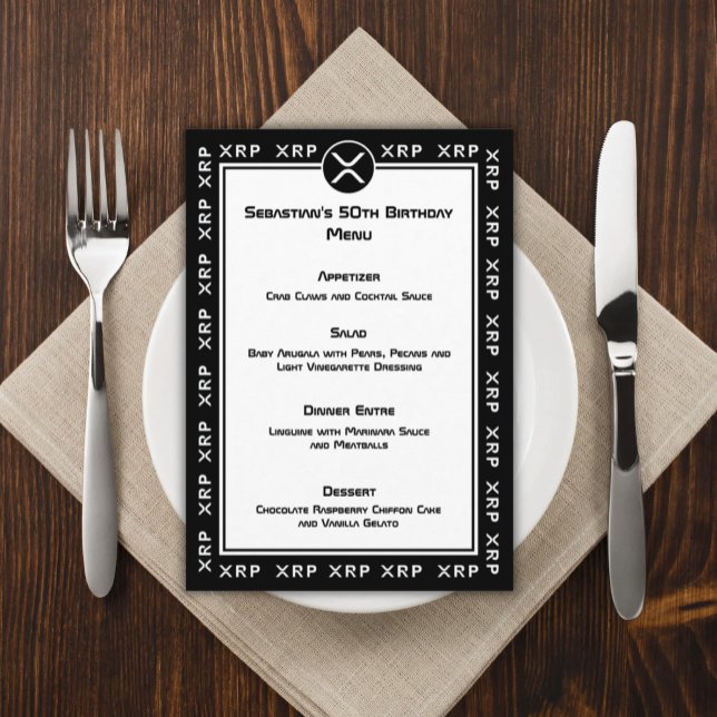 XRP Crypto Currency Black and White Flat Menu (Black and White XRP Menu Card for Crypto Enthusiasts)