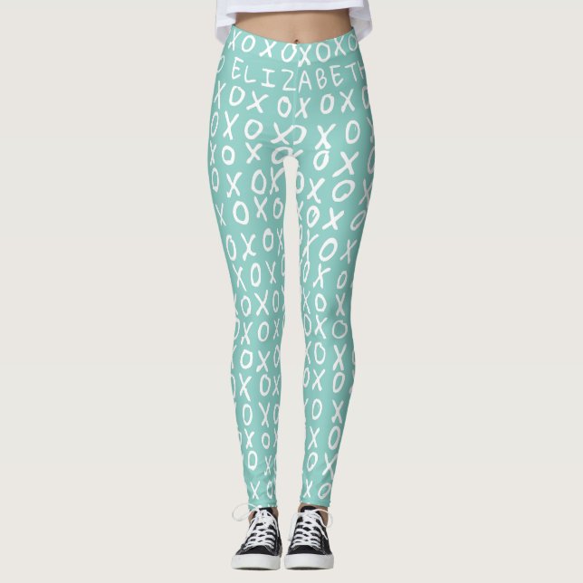 X's and O's personalised on riptide teal Leggings (Front)