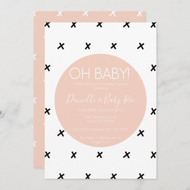 X's Modern baby shower black white pink pattern X Invitation (Front/Back)