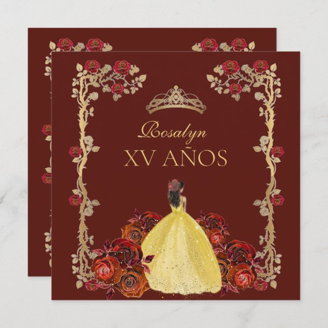xv AÑOS Gold and Burgundy Red Rose Quinceañera Invitation (Front/Back)