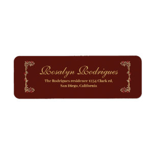 xv AÑOS Gold and Burgundy Red Rose Quinceañera Return Address Label