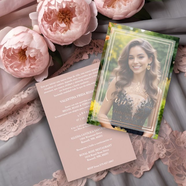 XVs Princess Tiara Luxury Overlay Vellum Effect  (Princess Tiara Exquisite Overlay Vellum Effect Quinceañera Sophisticated Photo Rose Gold Foil Card.)