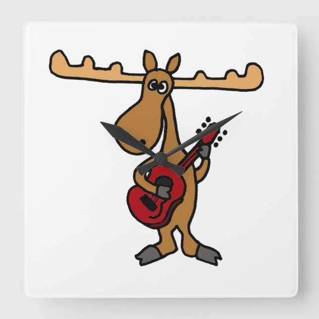 XX- Funny Moose Playing Guitar Cartoon Square Wall Clock (Front)