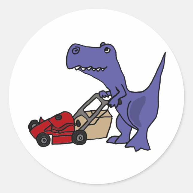 XX- T-rex Dinosaur Pushing Lawn Mower Classic Round Sticker (Front)
