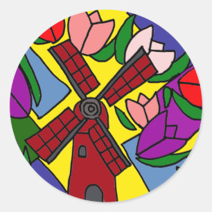 XX- Windmill and Tulips Floral Art Classic Round Sticker