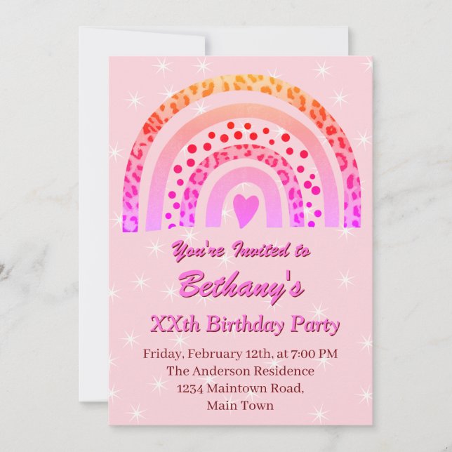XXth Leopard Print Boho Pink Rainbow Birthday Invitation (Front)