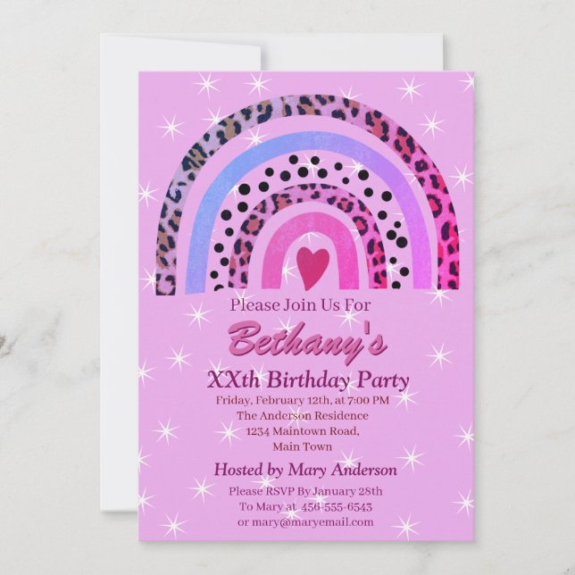 XXth Leopard Print Boho Rainbow Birthday Party     Invitation (Front)