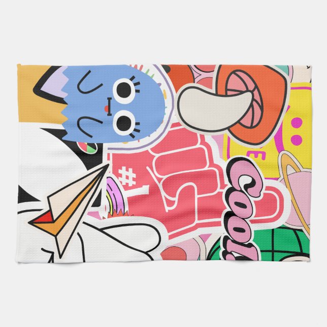 Y2K Aesthetic Cool Stickers Tea Towel (Horizontal)