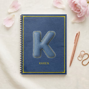 Y2K Blue Denim 3D Puff Letter K Monogram Name Notebook