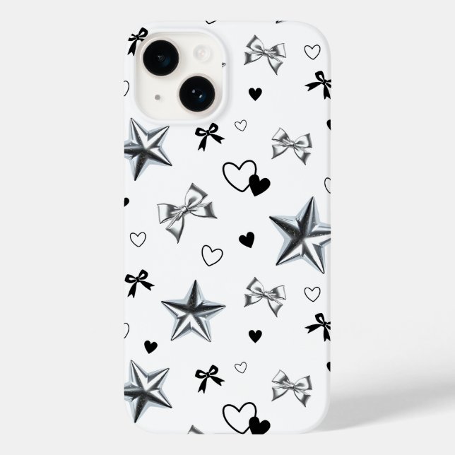 Y2K Dark Coquette Silver Star Ribbon Heart Pattern Case-Mate iPhone Case (Back)