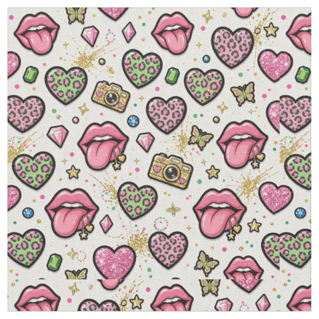 Y2K Fabric with Pink Hearts  Lips Pattern Collage  (Close Up)