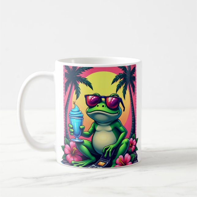 Y2K Grumpy Frog Flip Phone Vaporwave Tropical Coffee Mug (Left)