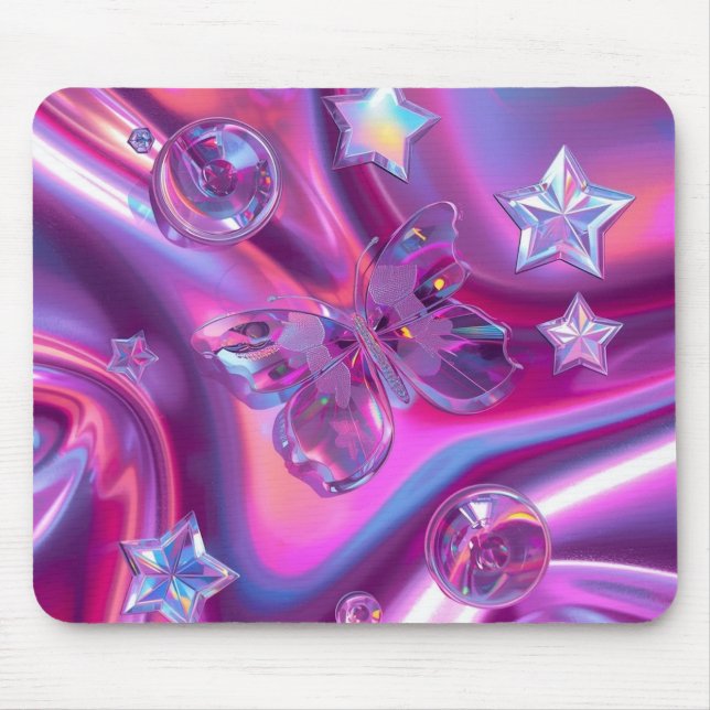 Y2K Holographic Gradient Mouse Pad | Chrome Stars (Front)