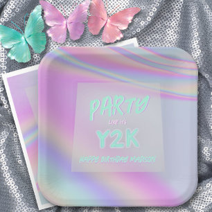Y2K iridescent rainbow happy birthday personalised Paper Plate