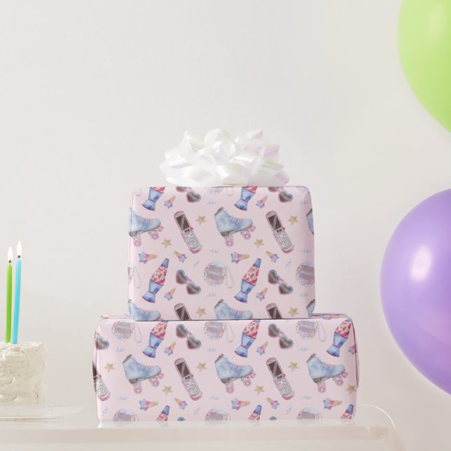 Y2K Nostalgia Rolleskates Retro Pink Wrapping Paper (Party Gifts)