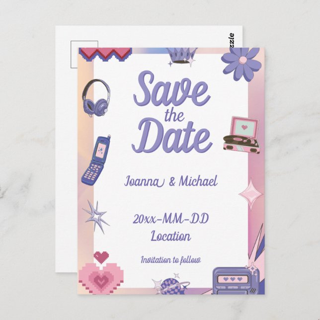 Y2K Pink Purple 2000s Retro Tech Save the Date Postcard (Front/Back)