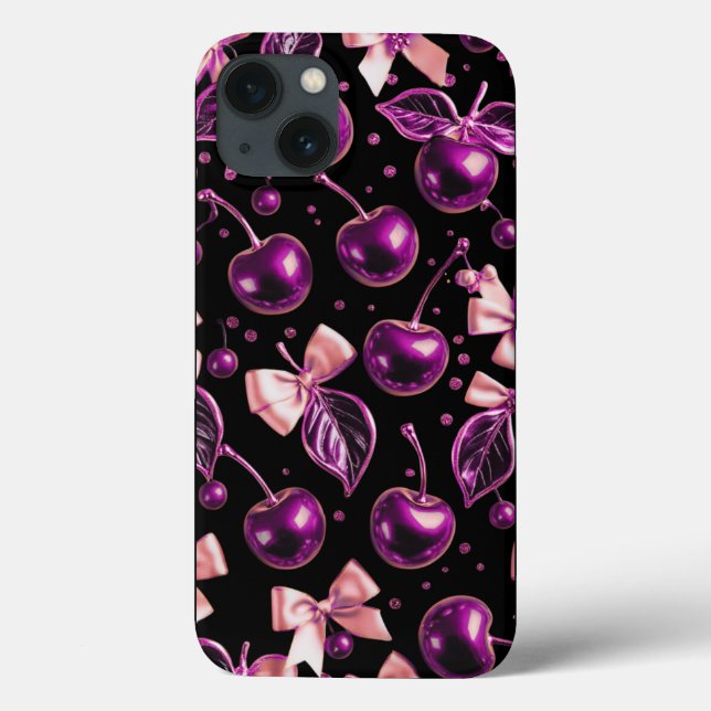 Y2K Purple Glossy Cherry Pattern Black iPhone Case (Back)