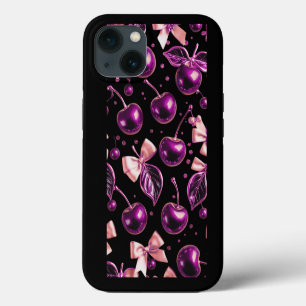 Y2K Purple Glossy Cherry Pattern Black iPhone Case