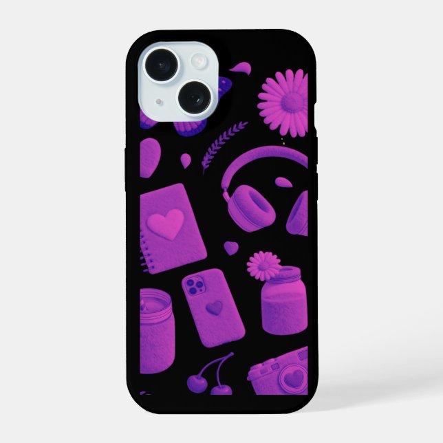 Y2K Purple Glossy Cherry Pattern Black iPhone Case (Back)