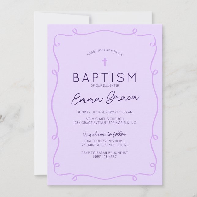 Y2K Purple Whimsical Hand Drawn Baptism Invitation (Front)