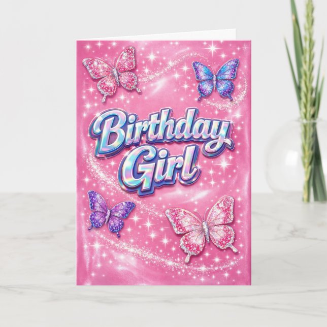 Y2K Sparkle Pink Butterfly Birthday Girl Card (Front)