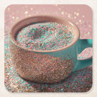 Y2K Sparkly Pastel Pink and Teal Glitter Cup Square Paper Coaster