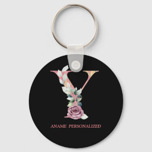 Y Floral Monogram Name Letters Pink Agate Keychain