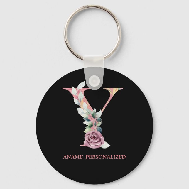 Y Floral Monogram Name Letters Pink Agate Keychain (Front)