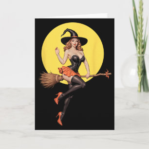 Y Halloween Witch Pin-up Girl Riding A Broomstick  Card