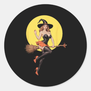 Y Halloween Witch Pin-up Girl Riding A Broomstick Classic Round Sticker