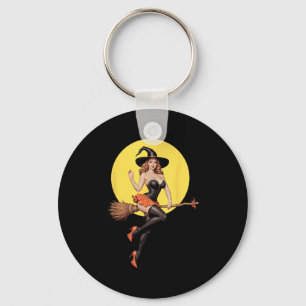 Y Halloween Witch Pin-up Girl Riding A Broomstick Key Ring