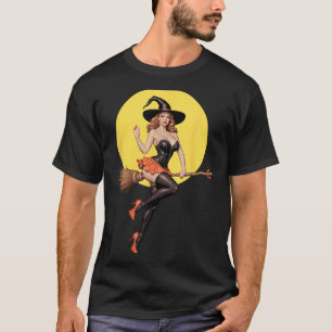 Y Halloween Witch Pin-up Girl Riding A Broomstick T-Shirt