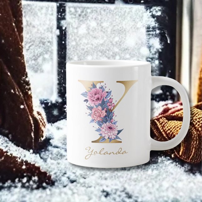 Y Letter Gold Monogram Pink Blue Floral Large Coffee Mug (Creator Uploaded)