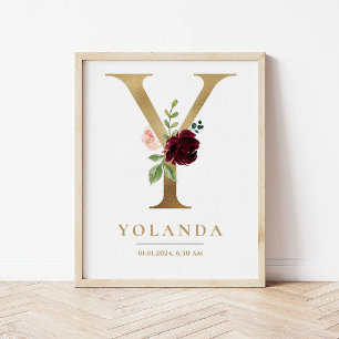 Y Letter Monogram Name Marsala Floral Nursery Poster