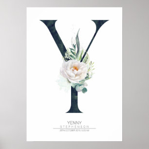 Y Letter Monogram White Flowers and Greenery Poster