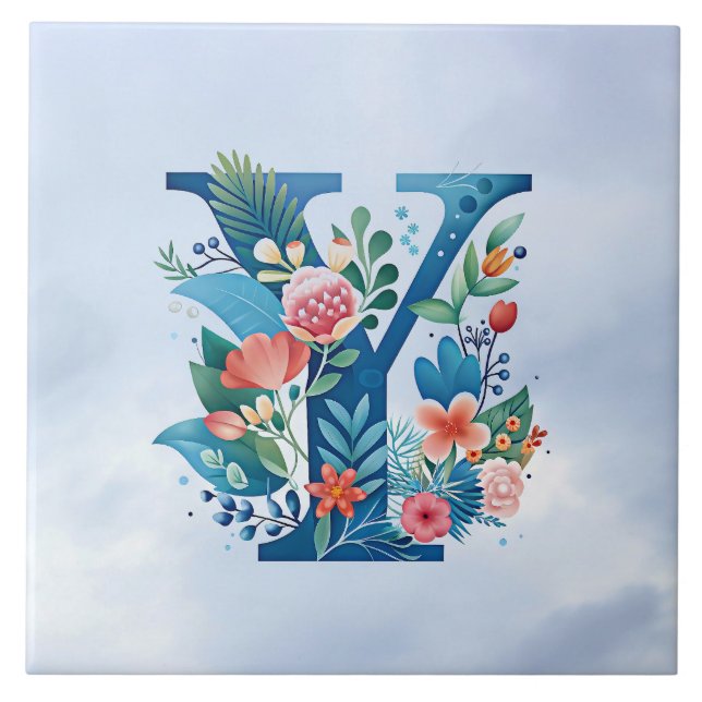 Y monogram beautiful floral design ceramic tile (Front)