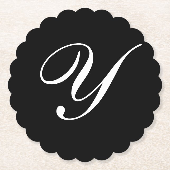 Y Monogram Initial White on Black Paper Coaster (Front)