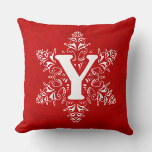 Y of JOY Beautiful ornate Snowflake red Christmas Cushion