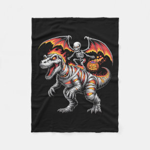 Y Skeleton Riding Dinosaur T-rex Halloween Pumpkin Fleece Blanket