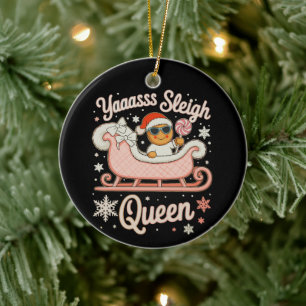 Yaass Sleigh Queen Gingerbread Pink Sled Christmas Ceramic Ornament