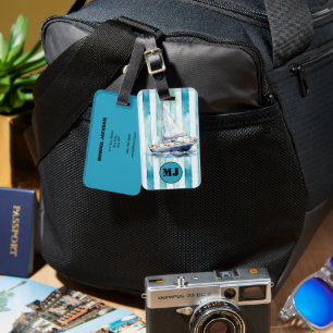 Yacht and Nautical Blue Candystripe. Personalised Luggage Tag